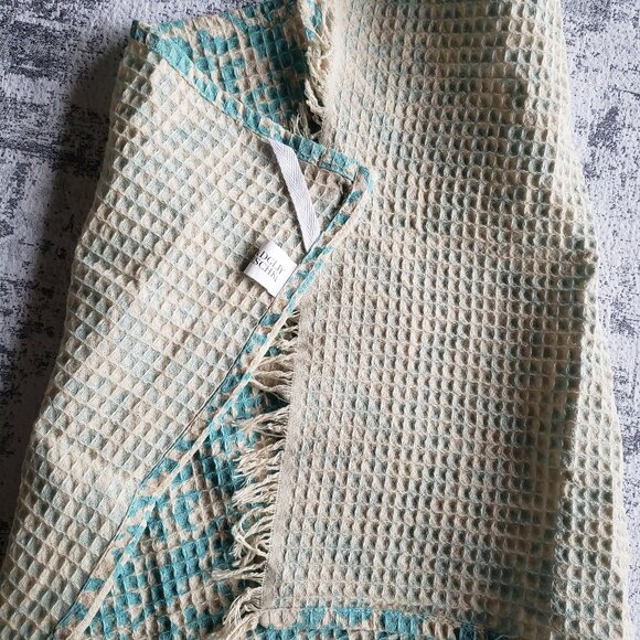 Cream + Blue Waffle Weave Badgley Mishka Kitchen Tea Towel or Serving Cloth - Picture 5 of 9